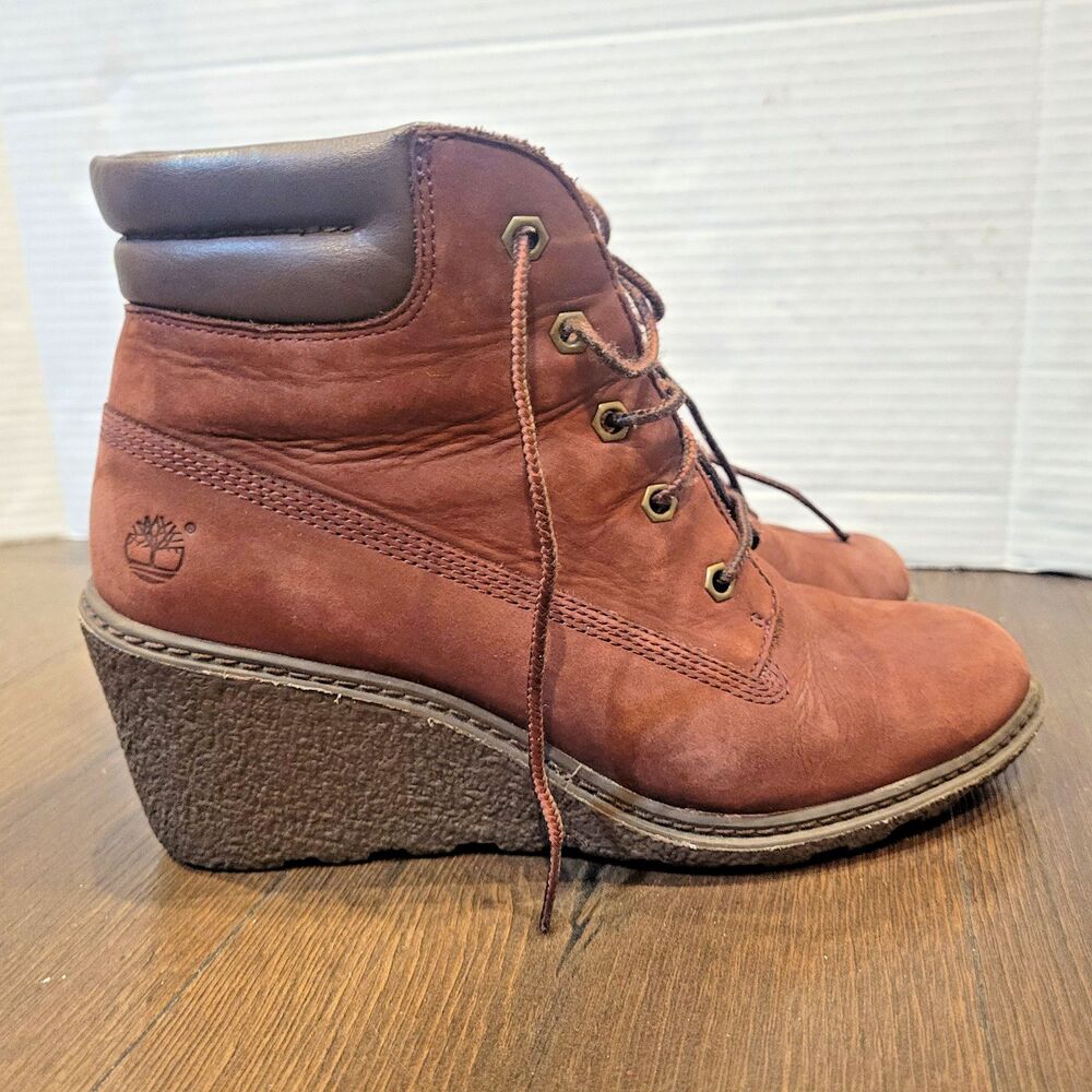Timberland Amston Womens Sz 7.5 Burgundy Nubuck Wedge Ankle Boots Shoes Booties